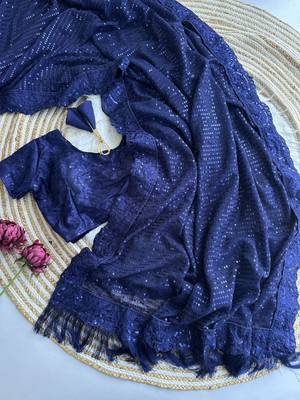 navy blue party wear georgette saree with sequin embroidery work 4