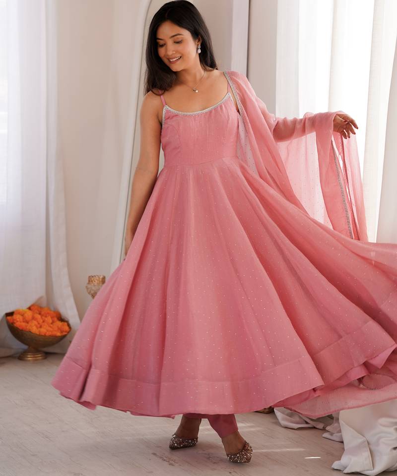 Embroidered Crunchy Silk Flared Anarkali Pant and Dupatta Set