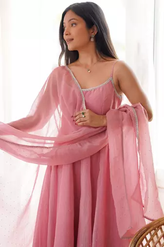 Embroidered Crunchy Silk Flared Anarkali Pant and Dupatta Set