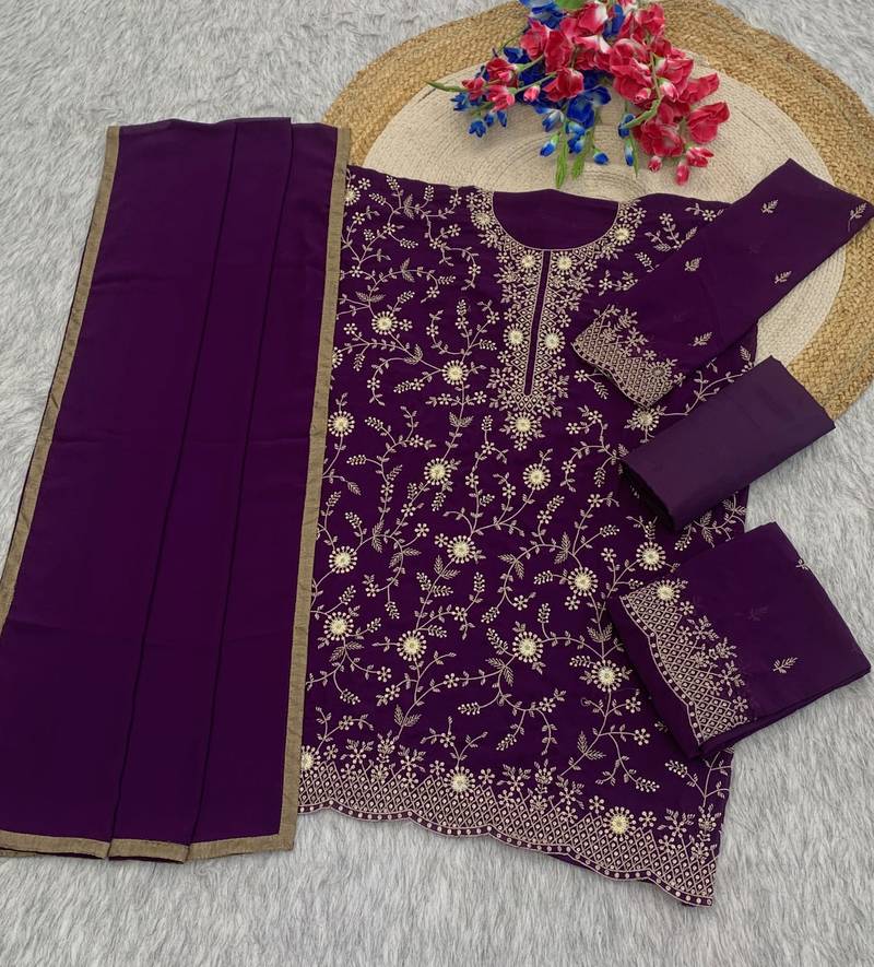 Purple georgette semi stitched wedding suits