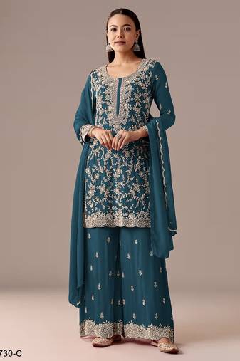 Teal georgette semi stitched wedding suits