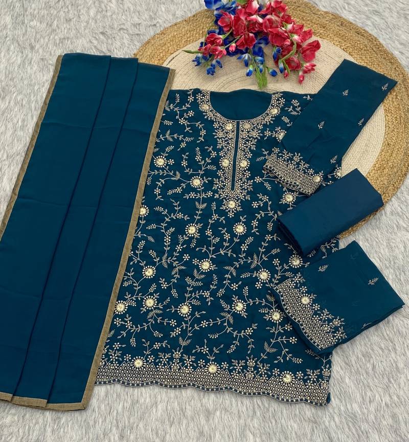 Teal georgette semi stitched wedding suits