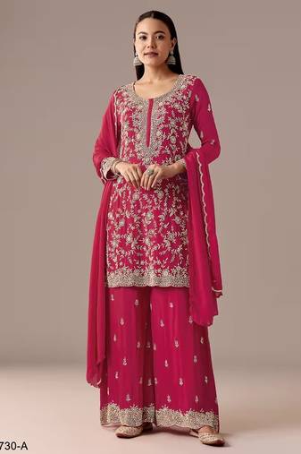 rani pink blooming georgette silk blend kurta pant set