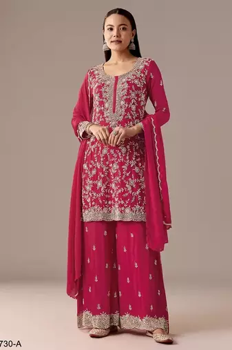 rani pink blooming georgette silk blend kurta pant set