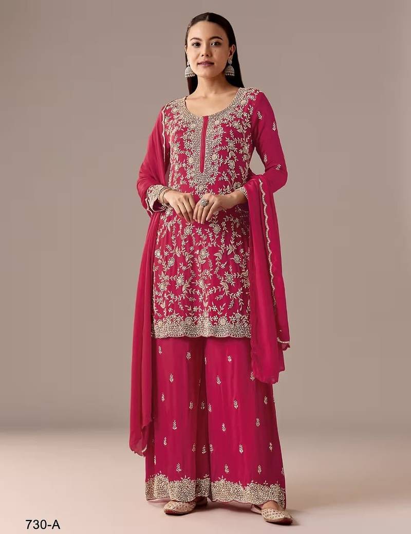 Rani pink blooming georgette silk blend kurta pant set