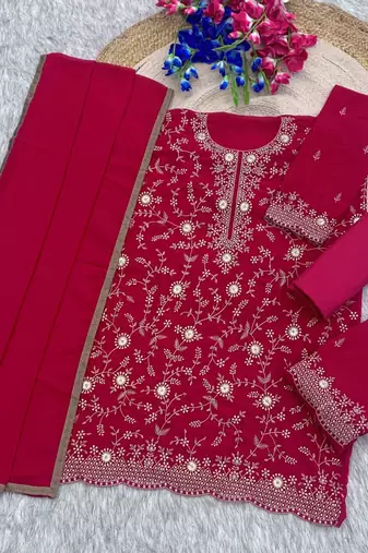rani pink blooming georgette silk blend kurta pant set