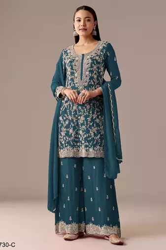 teal blue blooming georgette silk blend kurta pant set