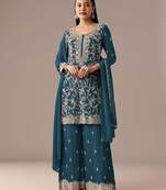 Teal blue blooming georgette silk blend kurta pant set