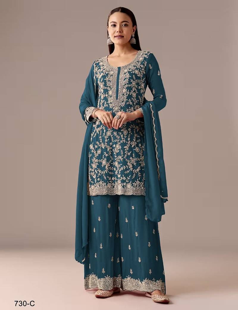 Teal blue blooming georgette silk blend kurta pant set