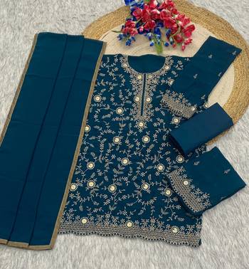 Teal blue blooming georgette silk blend kurta pant set 2