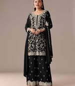 Black blooming georgette silk blend kurta pant set