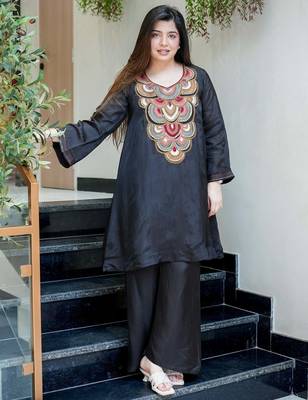 Women's Beautiful Embroidery Work French Crepe Fabric Flared Kurta and Palazzo Set 1