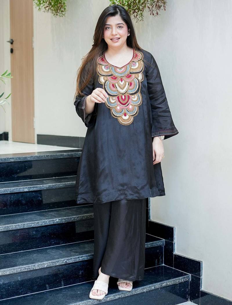 Women's Beautiful Embroidery Work French Crepe Fabric Flared Kurta and Palazzo Set