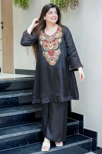Women's Beautiful Embroidery Work French Crepe Fabric Flared Kurta and Palazzo Set
