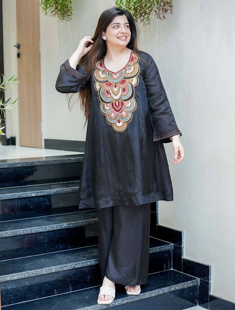 Women's Beautiful Embroidery Work French Crepe Fabric Flared Kurta and Palazzo Set