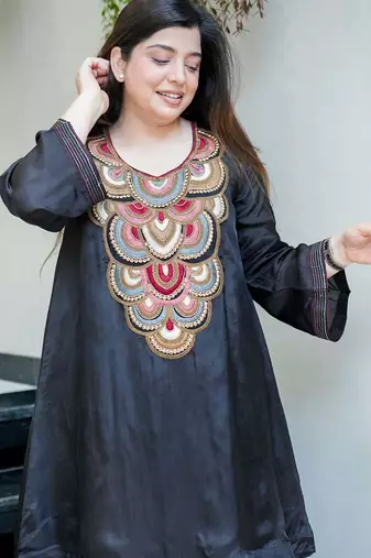 Women's Beautiful Embroidery Work French Crepe Fabric Flared Kurta and Palazzo Set