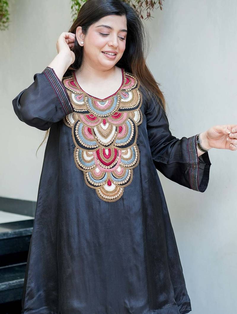 Women's Beautiful Embroidery Work French Crepe Fabric Flared Kurta and Palazzo Set