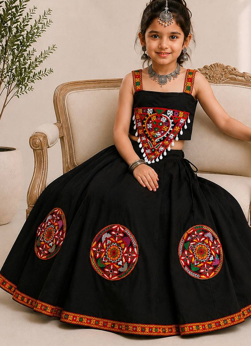 exclusive kids premium navratrichaniya choli collection-2026 mirror & kodi lace work garba & dandiya dress.