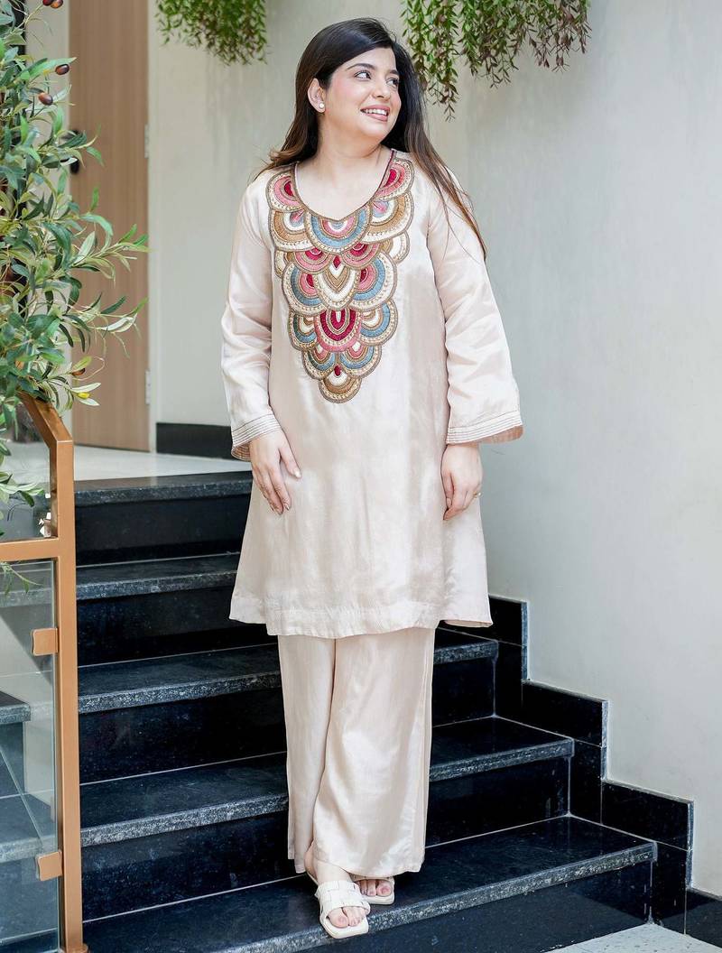 Embroidered French Crepe Flared Kurta and Palazzo Set