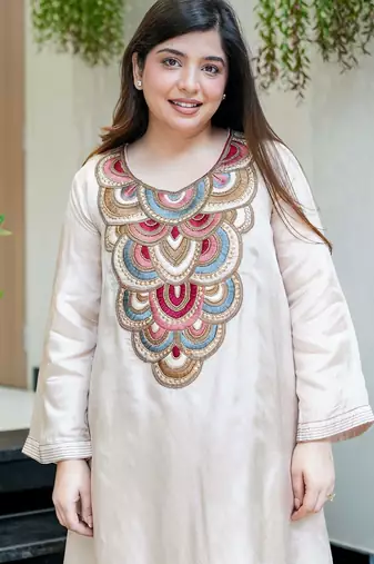 Embroidered French Crepe Flared Kurta and Palazzo Set