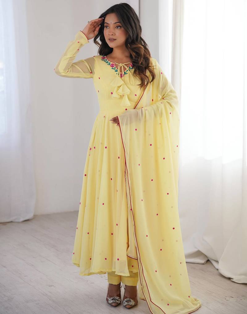 Embroidered Faux Georgette Flared Anarkali Pant and Dupatta Set