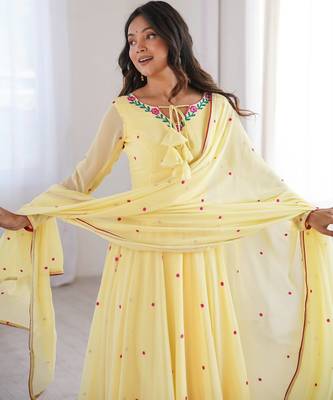Embroidered Faux Georgette Flared Anarkali Pant and Dupatta Set 2