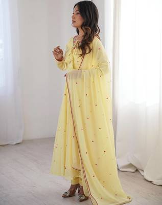 Embroidered Faux Georgette Flared Anarkali Pant and Dupatta Set 3