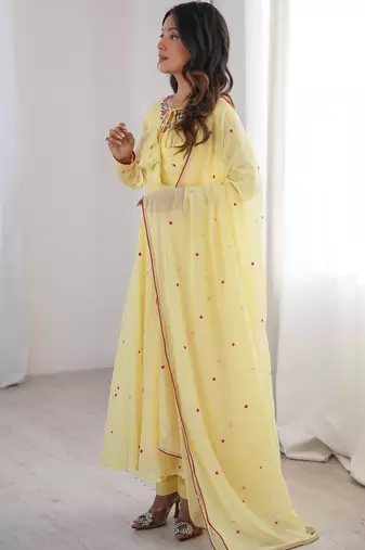 Embroidered Faux Georgette Flared Anarkali Pant and Dupatta Set