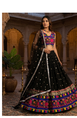 Black designer faux georgette lehenga choli set with real mirror work 1