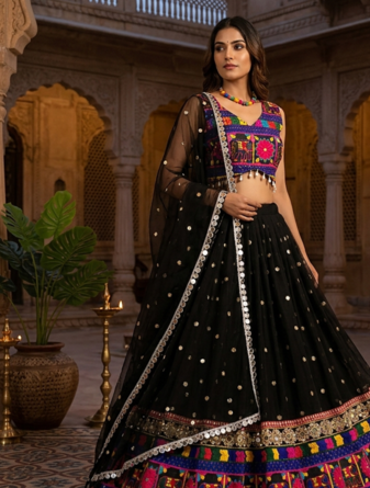Black designer faux georgette lehenga choli set with real mirror work