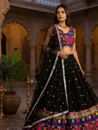 Black designer faux georgette lehenga choli set with real mirror work