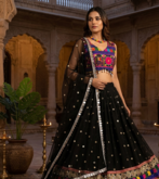 Black designer faux georgette lehenga choli set with real mirror work