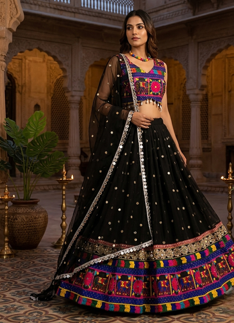 Black designer faux georgette lehenga choli set with real mirror work