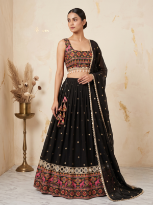 Black faux georgette lehenga choli set with real mirror work 1