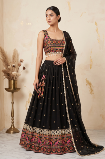 Black faux georgette lehenga choli set with real mirror work