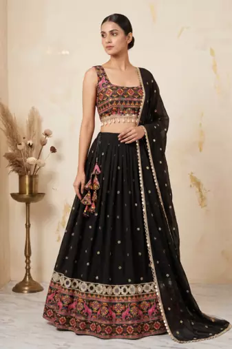 Black faux georgette lehenga choli set with real mirror work