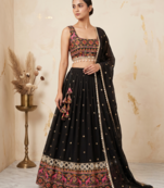 Black faux georgette lehenga choli set with real mirror work