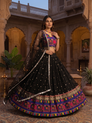 Black designer faux georgette lehenga choli set with real mirror work 2
