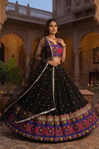 Black designer faux georgette lehenga choli set with real mirror work