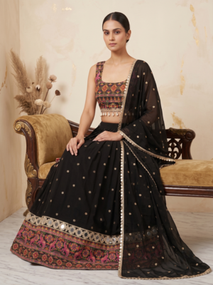 Black faux georgette lehenga choli set with real mirror work 2