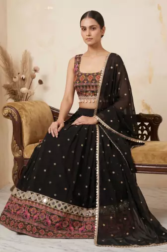 Black faux georgette lehenga choli set with real mirror work