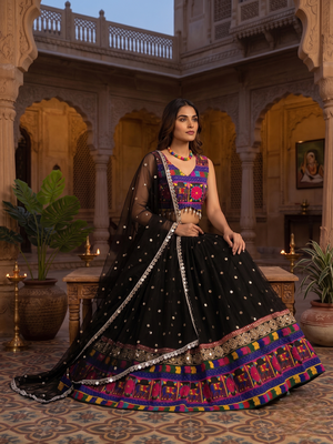 Black designer faux georgette lehenga choli set with real mirror work 3