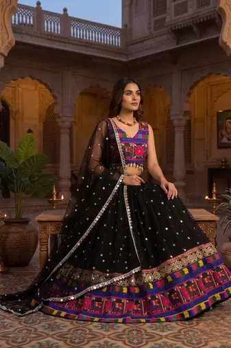 Black designer faux georgette lehenga choli set with real mirror work