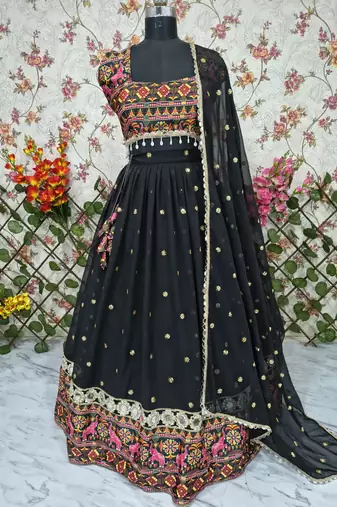 Black faux georgette lehenga choli set with real mirror work