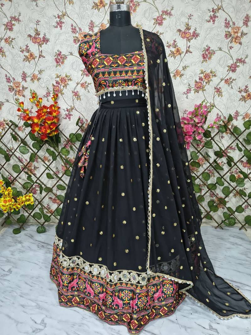 Black faux georgette lehenga choli set with real mirror work