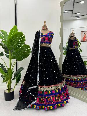 Black designer faux georgette lehenga choli set with real mirror work 4