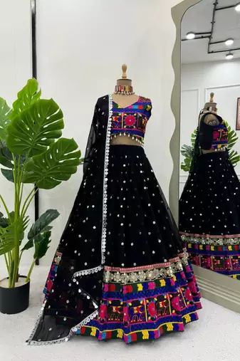 Black designer faux georgette lehenga choli set with real mirror work
