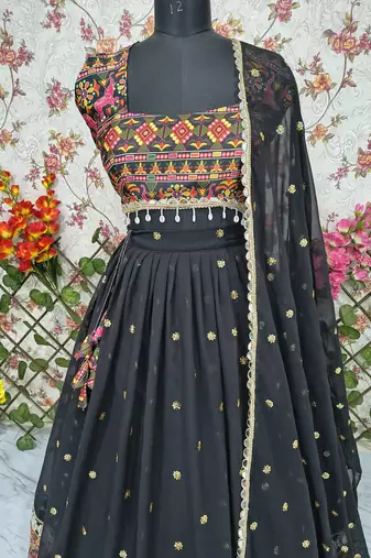 Black faux georgette lehenga choli set with real mirror work