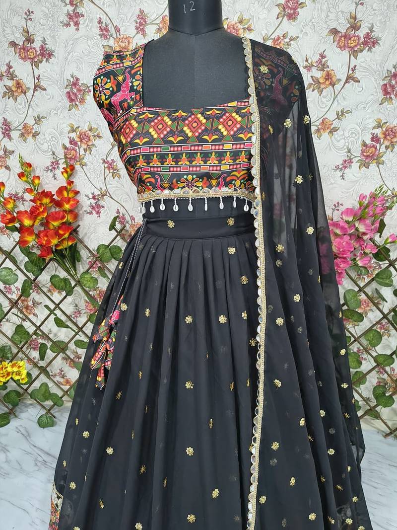 Black faux georgette lehenga choli set with real mirror work