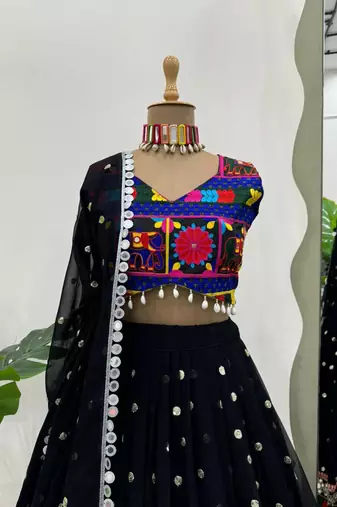 Black designer faux georgette lehenga choli set with real mirror work